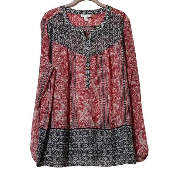 Charter Club size XL red white blue paisley print long sleeve sheer top - Picture 1 of 8